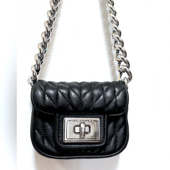 Karl Lagerfeld Micro Mini purse bag Black Quilted Leather & CHUNKY Silver Chain - Picture 1 of 17
